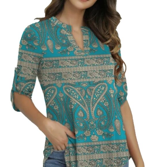 Traleubie Tops - Traleubie Turquoise Paisley Zip Tunic Top whimsigoth Swing Blouse L
